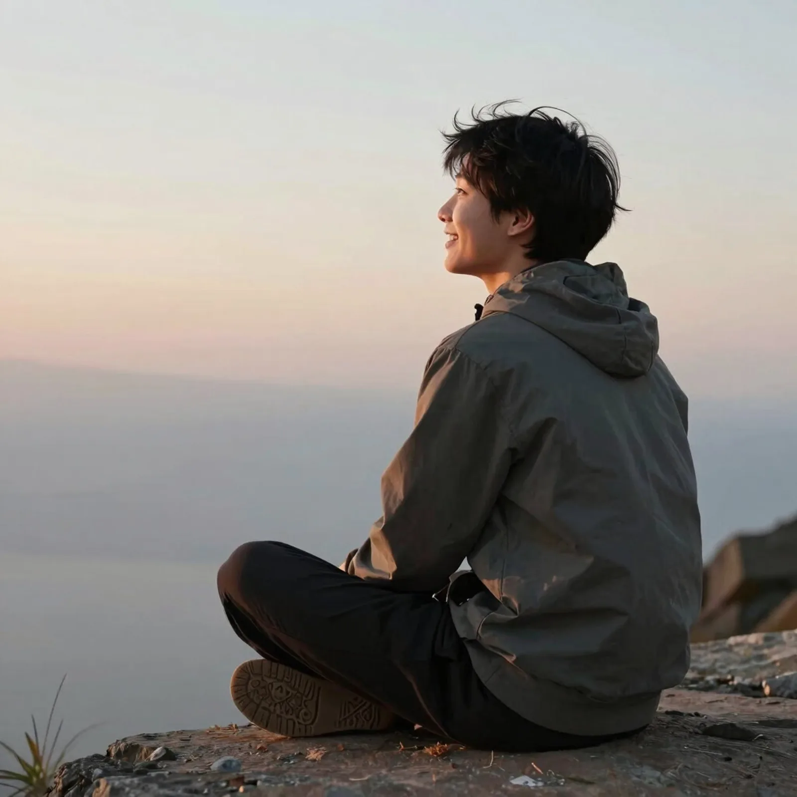 A person sitting on a rock, looking out over the horizon at dusk.